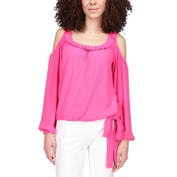 Michael Kors Cold-shoulder Tie-cuff Top In Cerise M - Picture 1 of 3